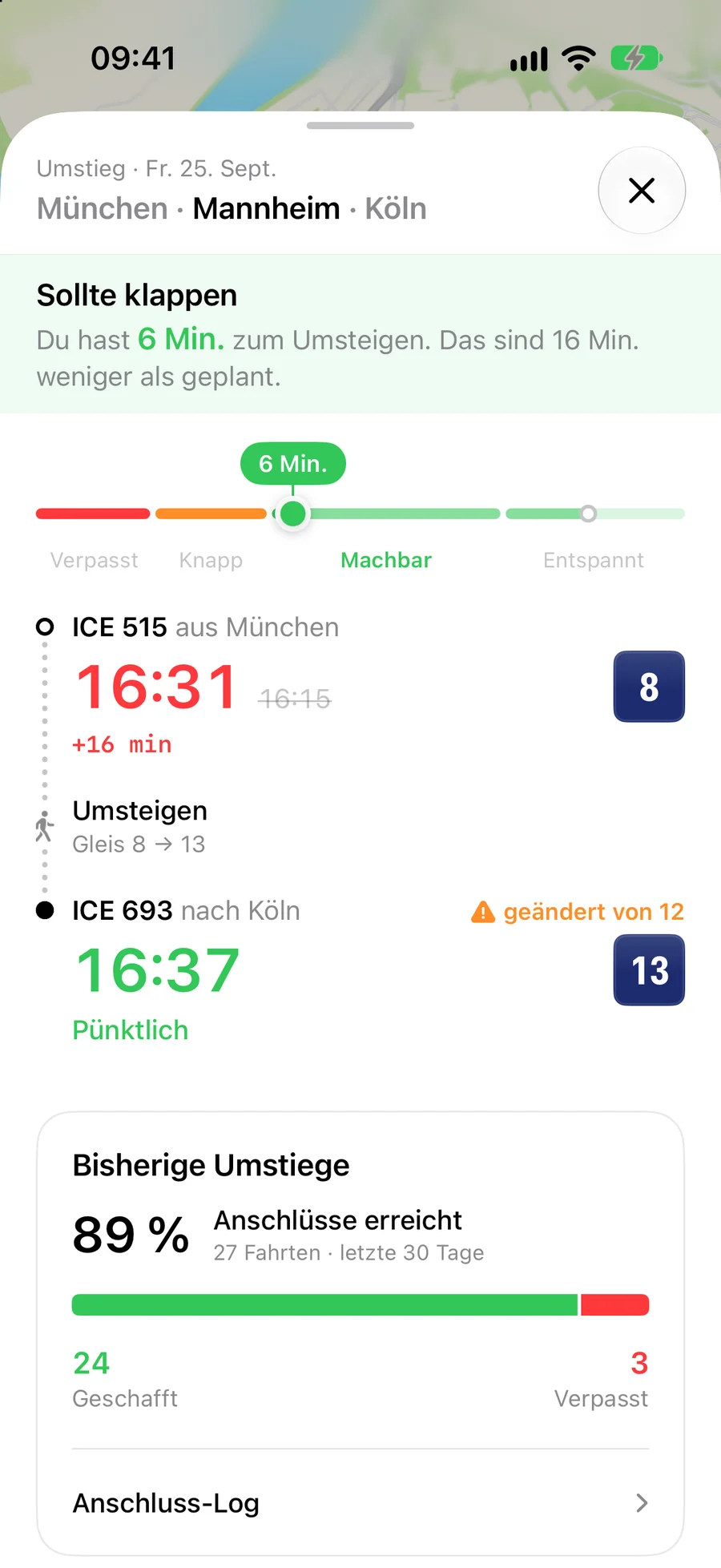 Umstieg mit Umstiegszeit und Bilanz