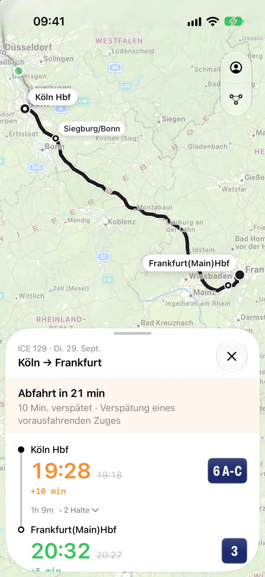Fahrt Köln → Frankfurt mit Strecke auf der Karte und Live-Zeiten