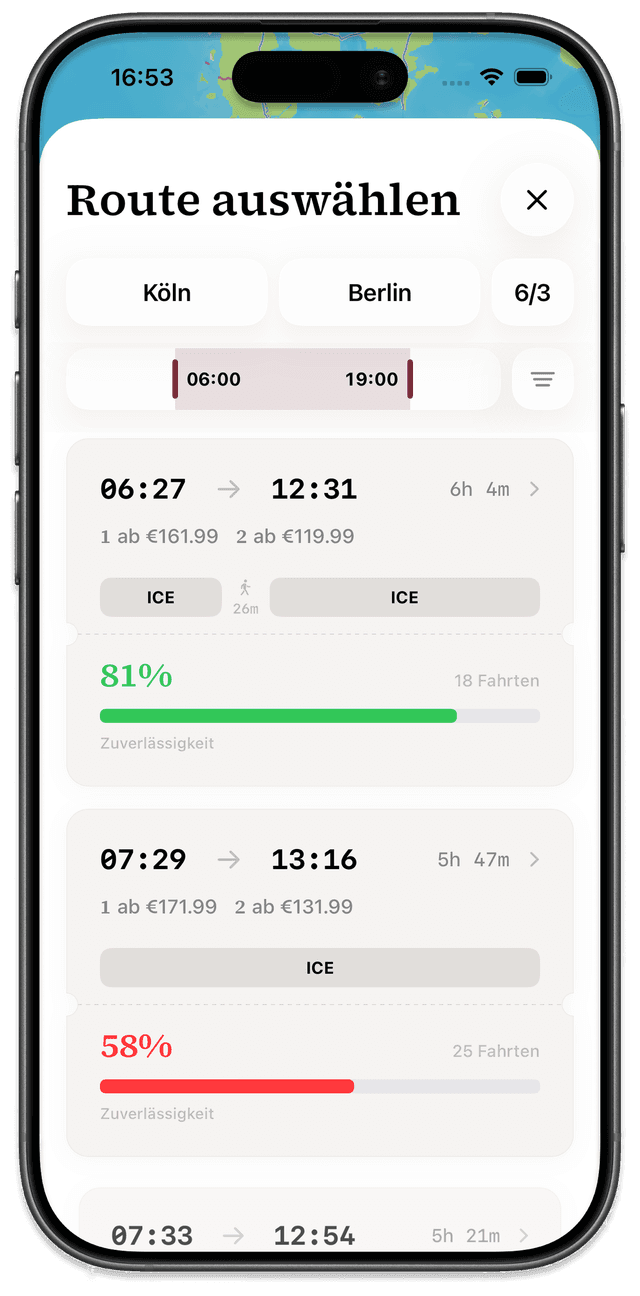 Railwise app showing train reliability