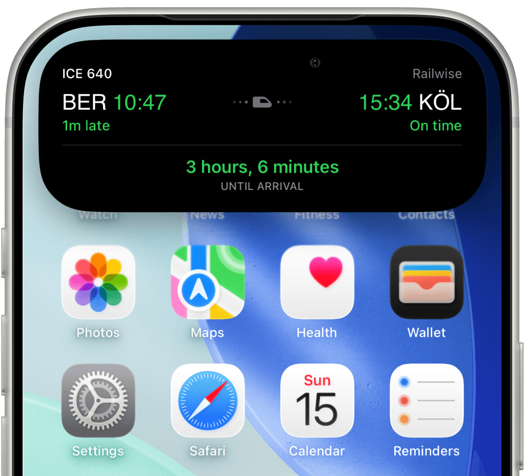 Expanded Railwise Live Activity on the Home Screen
